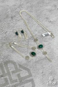 Yeşim Taşlı Motifli Mine İşlemeli Midyat Hasırı Gümüş Set