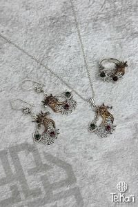 Şahmeran Model Doğal Taşlı Oksitli Telkari Gümüş Set