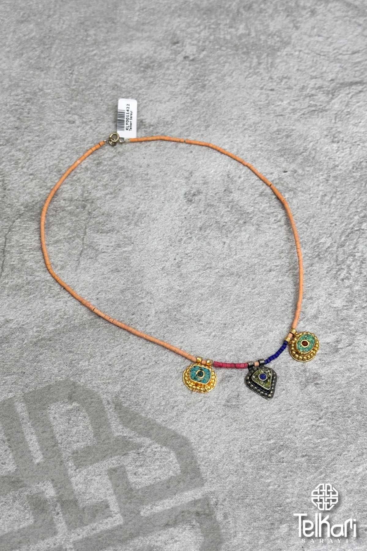 Otantik Desenli Mozaik Mine İşlemeli Gümüş Kolye
