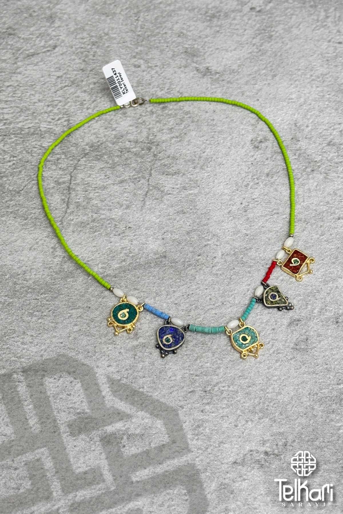 Sedef Taşlı Otantik Desenli Mozaik Mine İşlemeli Gümüş Kolye