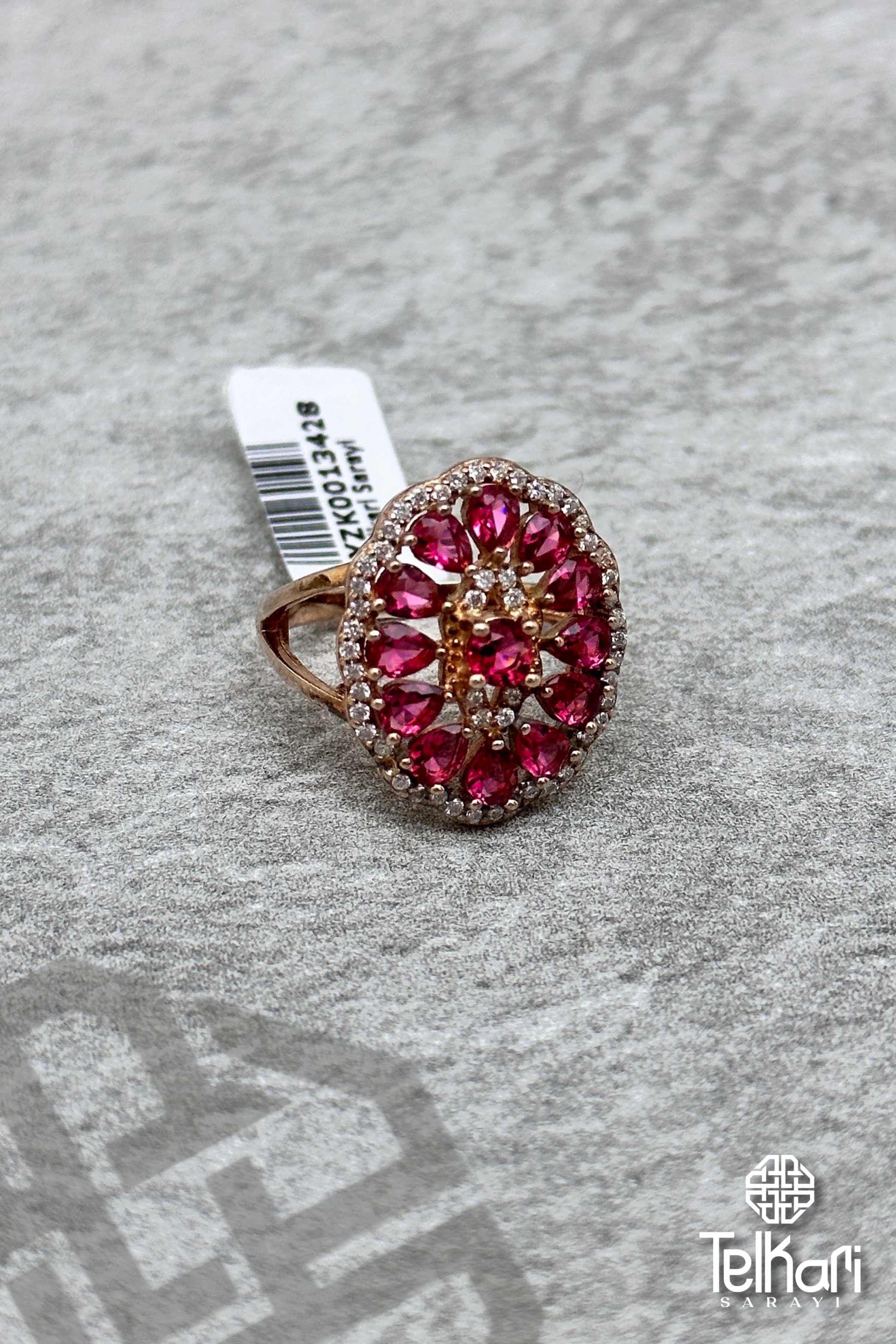 Pembe Kristal Taşlı Gümüş Yüzük
