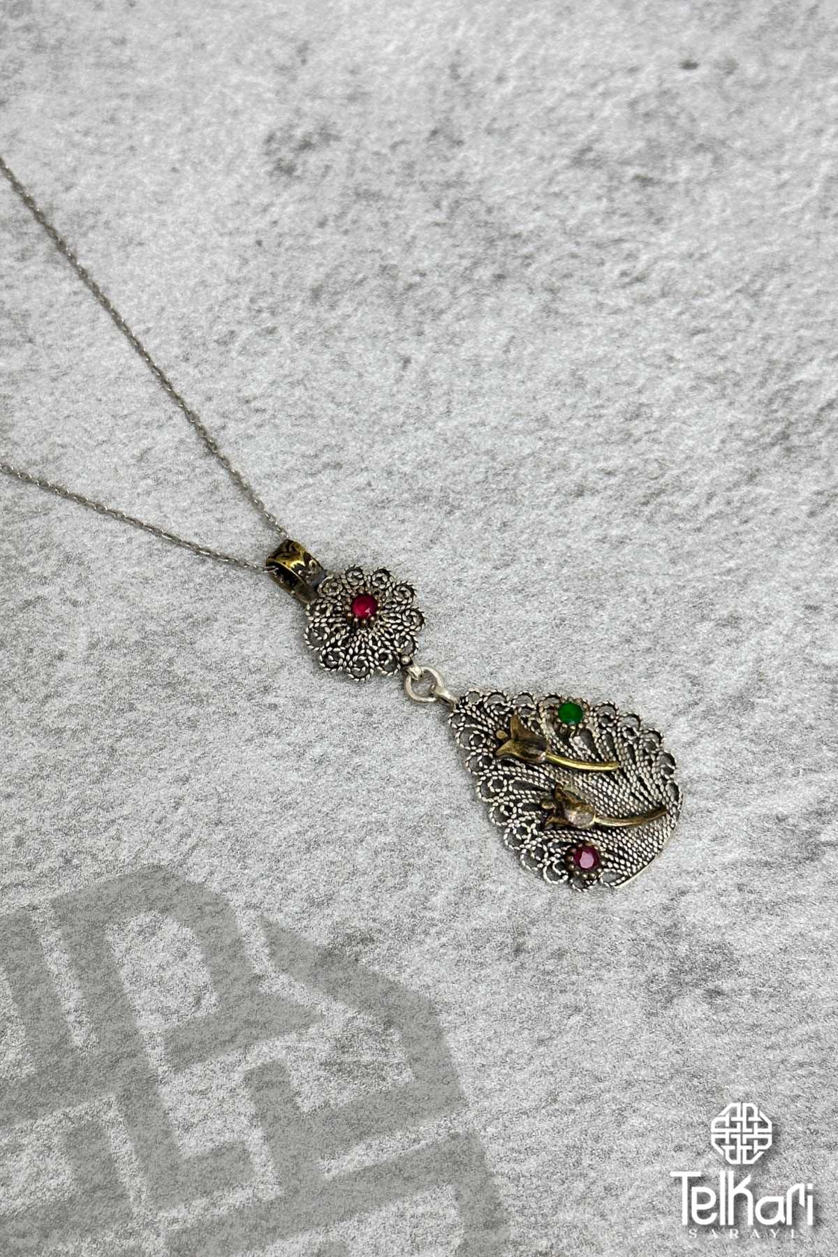 İki Lale Motifli Damla Model Oksitli Midyat Telkari Kolye