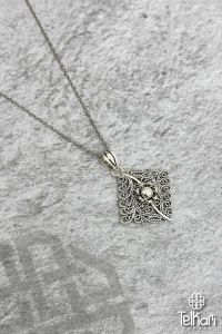 Çiçek İşlemeli Oksitli Midyat Telkari Kolye