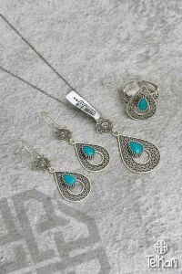 Damla Model Firuze Taşlı Midyat Oksitli Telkari Gümüş Üçlü Set