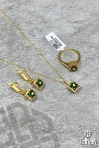 Kök Zümrüt Taşlı Gold Gümüş Üçlü Set