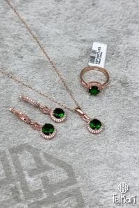 Kök Zümrüt Taşlı Rose Gümüş Üçlü Set