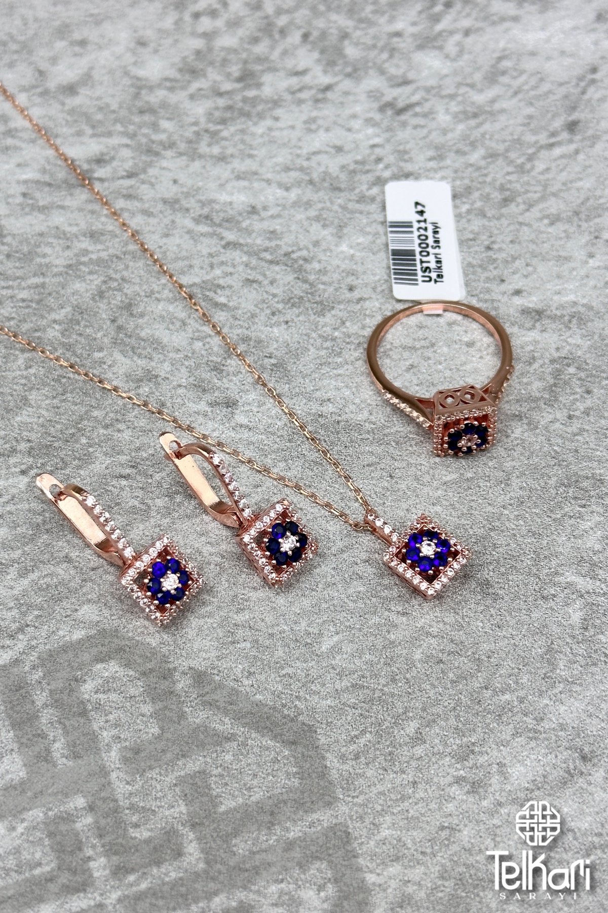 Safir Taşlı Özel Tasarım Rose Gümüş Üçlü Set