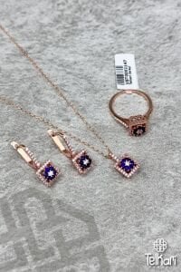Safir Taşlı Özel Tasarım Rose Gümüş Üçlü Set