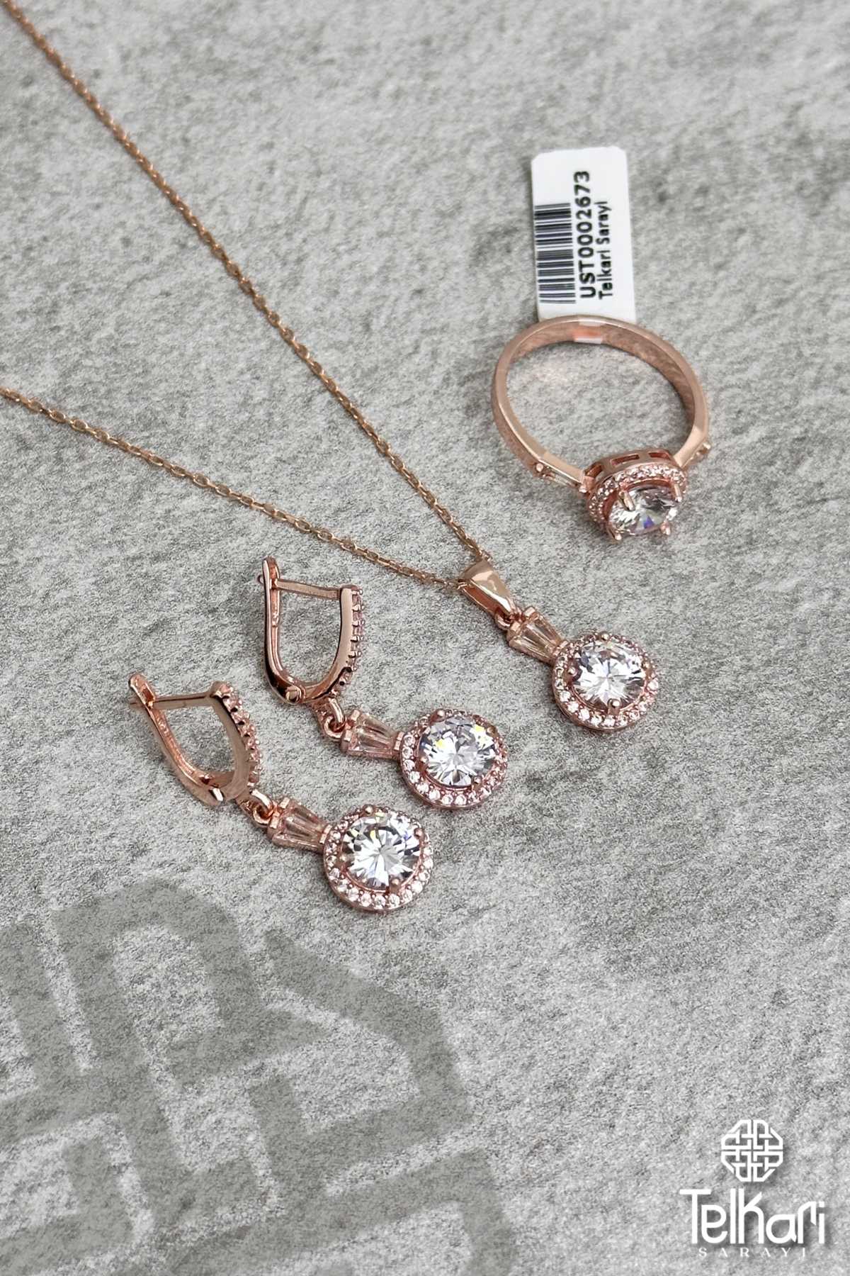 Yuvarlak Baget Model Taşlı Rose Gümüş Üçlü Set