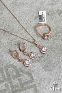 Yuvarlak Baget Model Taşlı Rose Gümüş Üçlü Set