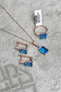 Baget Model Mavi Zirkon Taşlı Rose Gümüş Üçlü Set