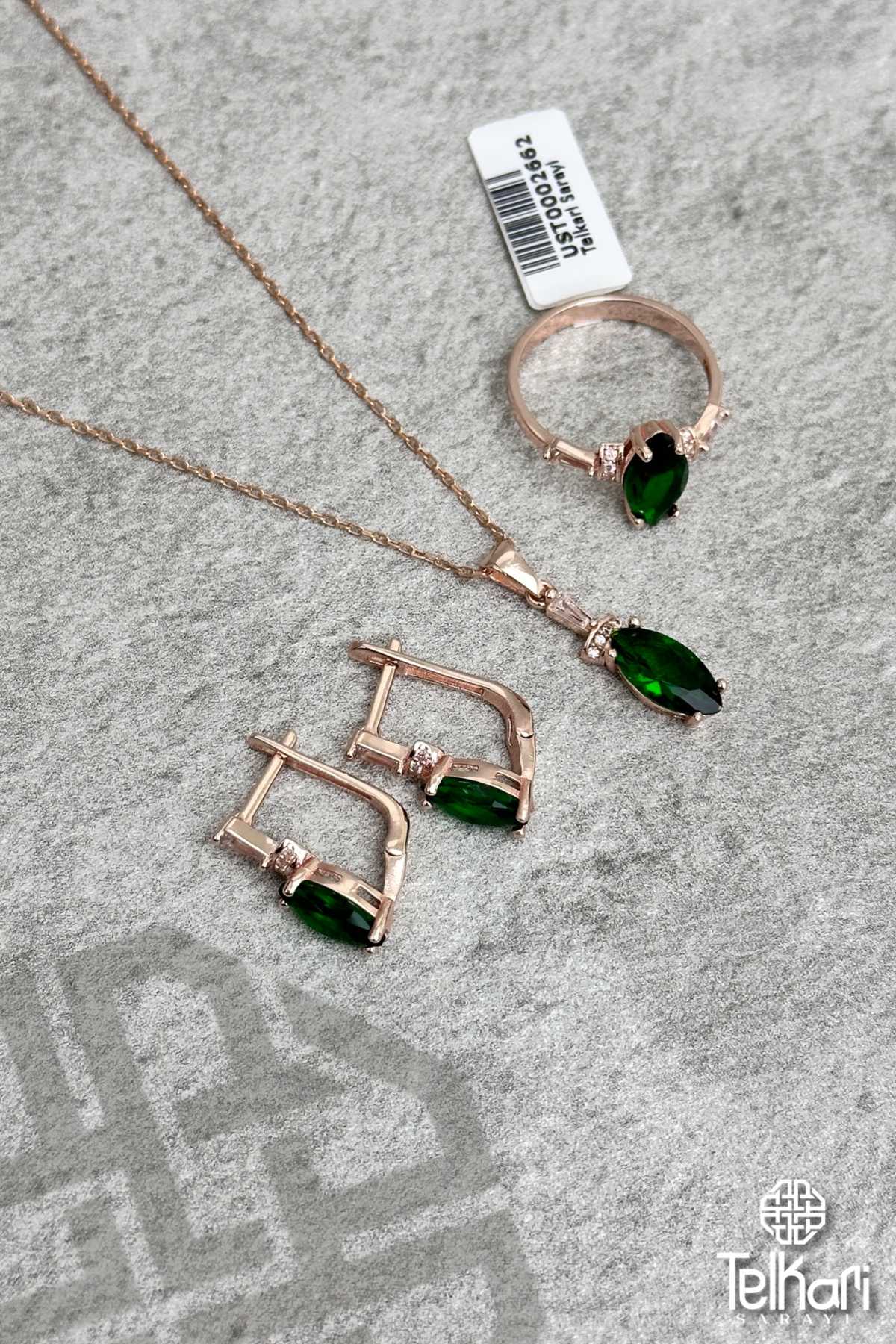 Mekik Model Kök Zümrüt Taşlı Rose Gümüş Üçlü Set