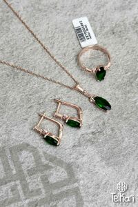 Mekik Model Kök Zümrüt Taşlı Rose Gümüş Üçlü Set
