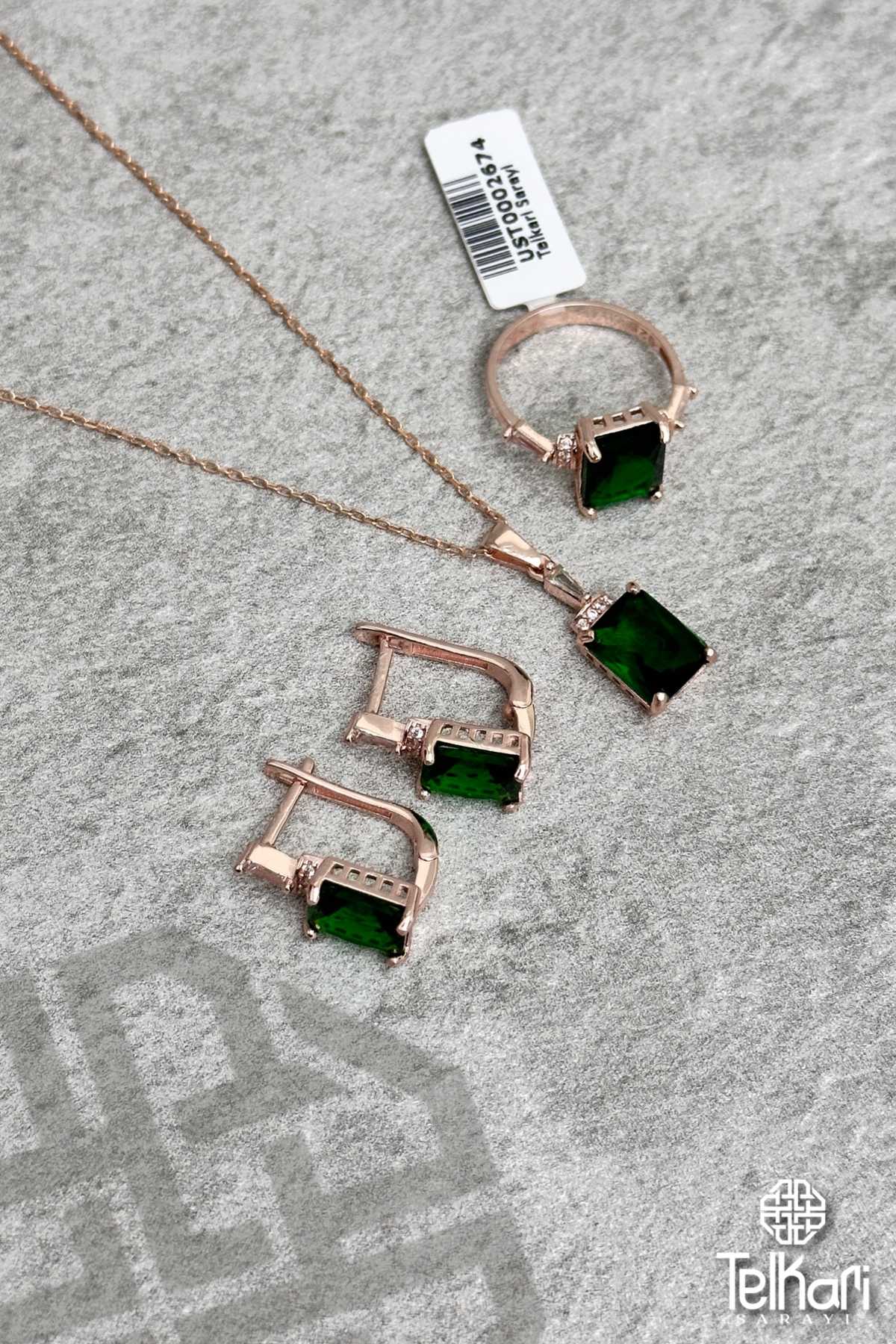 Kök Zümrüt Taşlı Rose Gümüş Üçlü Set