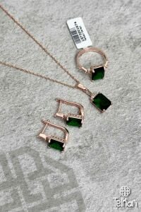 Kök Zümrüt Taşlı Rose Gümüş Üçlü Set