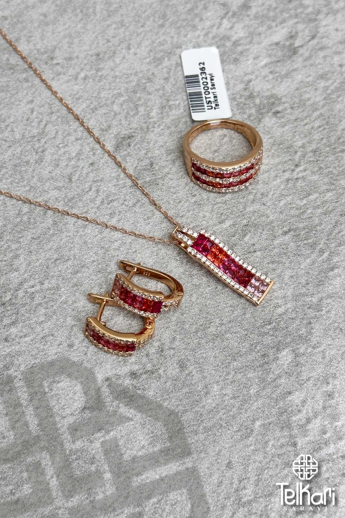 Sıra Taşlı Rose Gümüş Üçlü Set