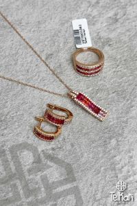Sıra Taşlı Rose Gümüş Üçlü Set