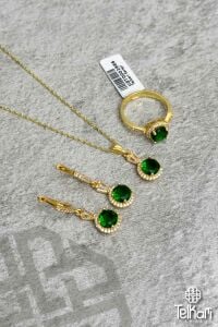 Yuvarlak Model Taşlı Rose Gümüş Üçlü Set