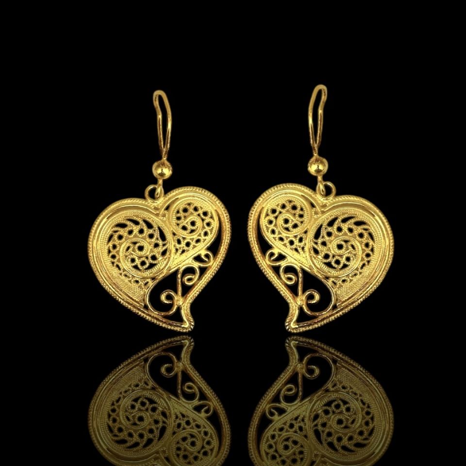 Gold Kaplama 925 Ayar Sallantılı Kalp Model Telkari Gümüş Küpe