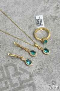 Oval Model Taşlı Gold Gümüş Üçlü Set