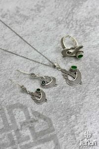 Vav Elif Model Kök Zümrüt Taşlı Midyat Oksitli Telkari Gümüş Üçlü Set