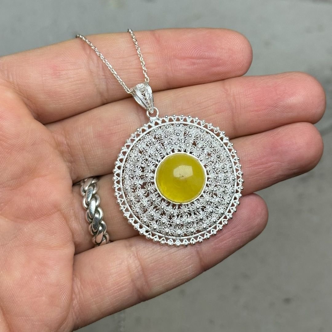 925 Ayar Sarı Kehribar Taşlı Bereket Modeli Kolye