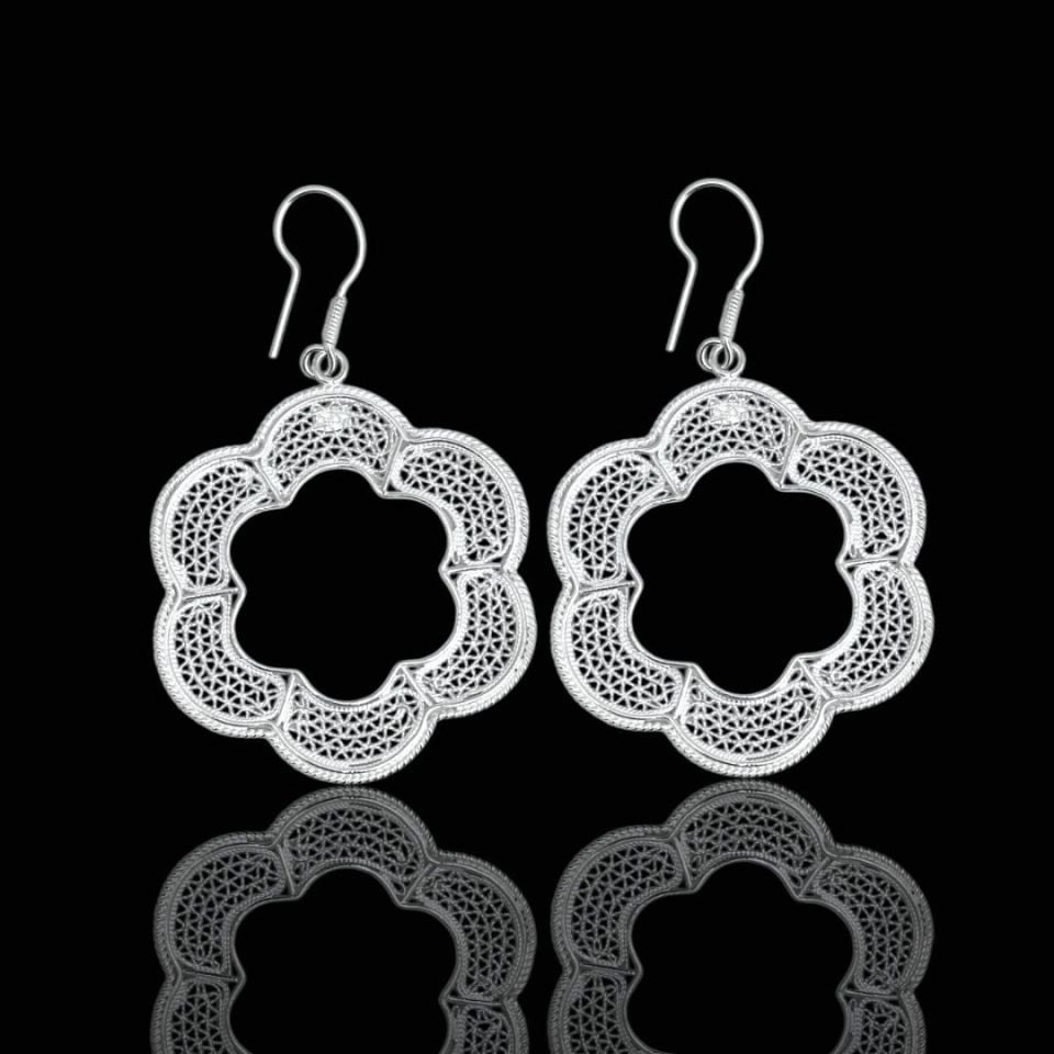 Telkari Tasarımlı Çiçek Motif 925 Ayar Gümüş Küpe
