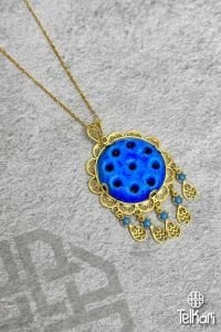 Gold Tel İşlemeli Dokuz Gözlü Süryani Nazarlığı Sallantılı Firuze Taşlı Gümüş Kolye