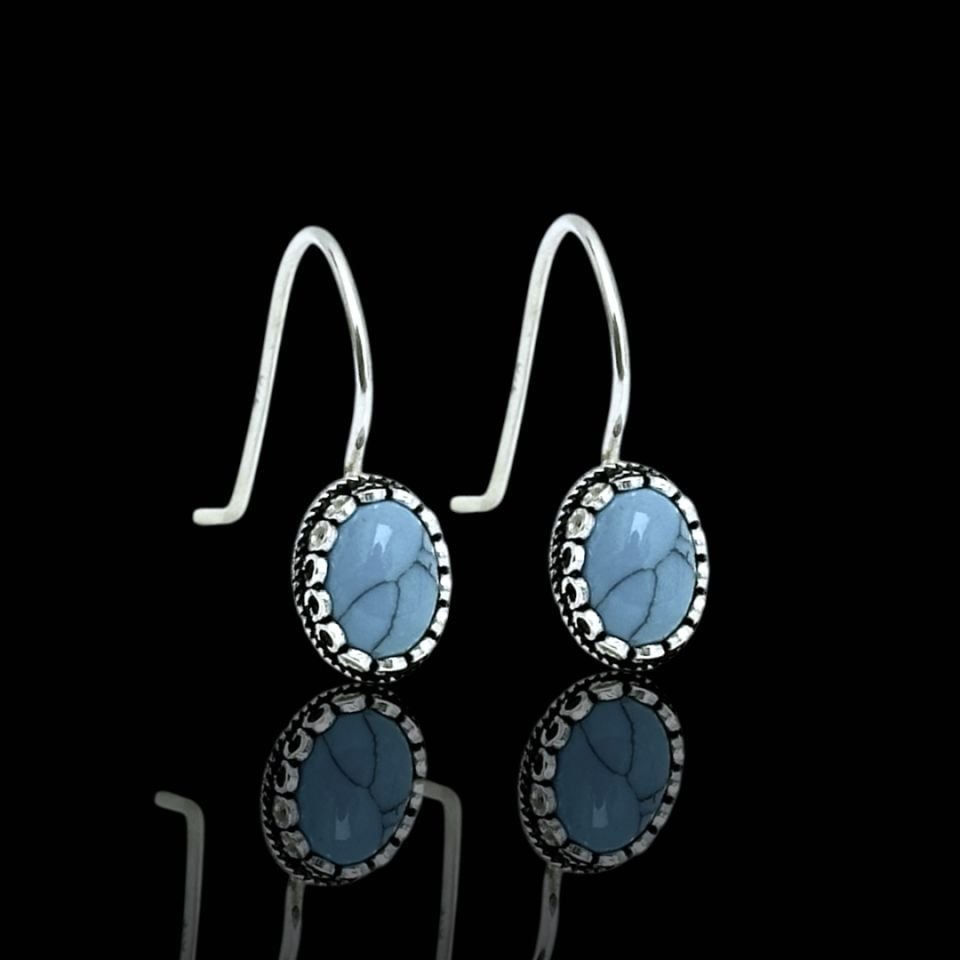 Damarlı Firuze Taşlı 925 Ayar Gümüş Midyat Hasırı Küpe