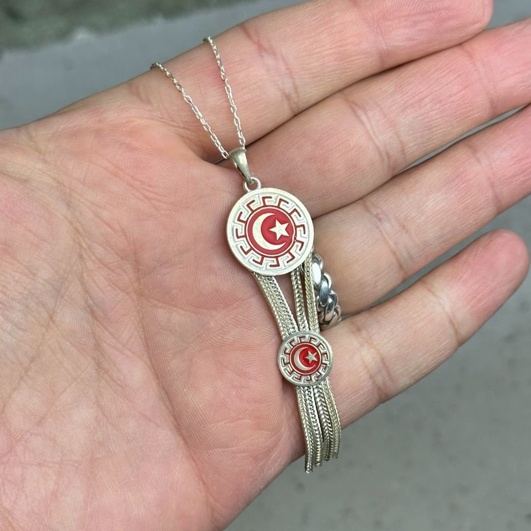 Çiftli Ay Yıldızlı Midyat Hasırı Gümüş Kolye