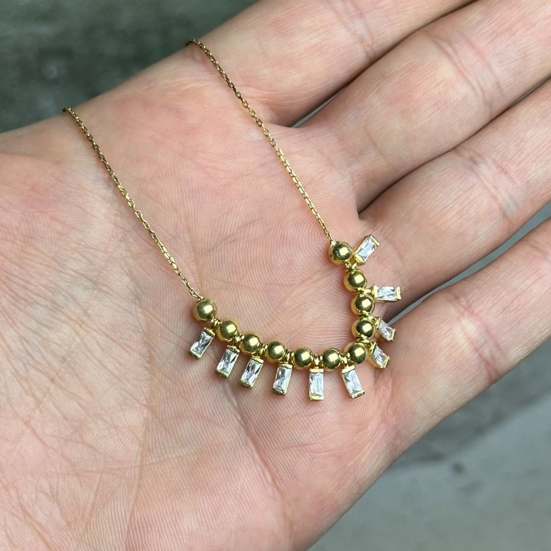 Gold Zirkon Taşlı Gümüş Kolye