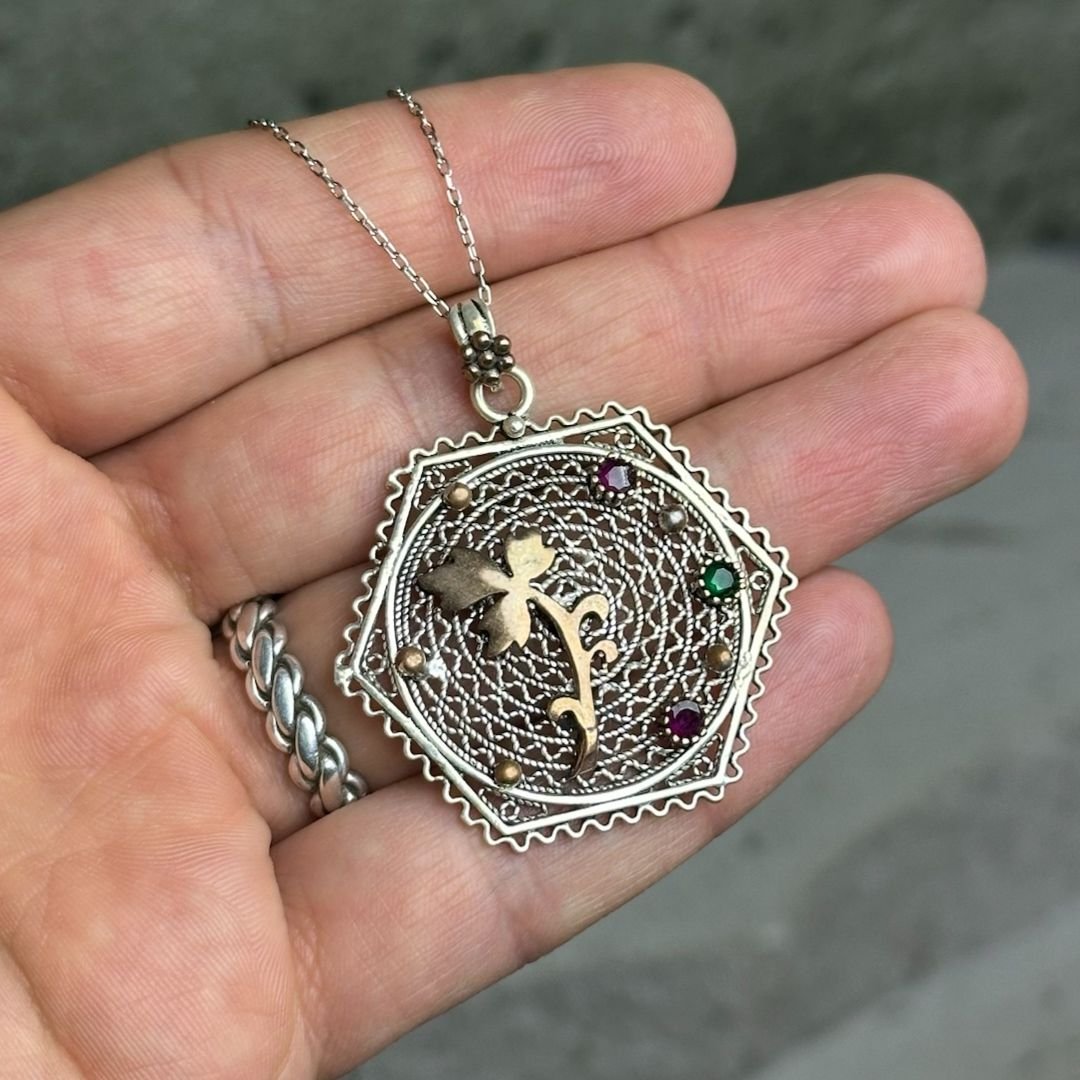 Yaprak Desenli Oksitli Telkari Gümüş Kolye