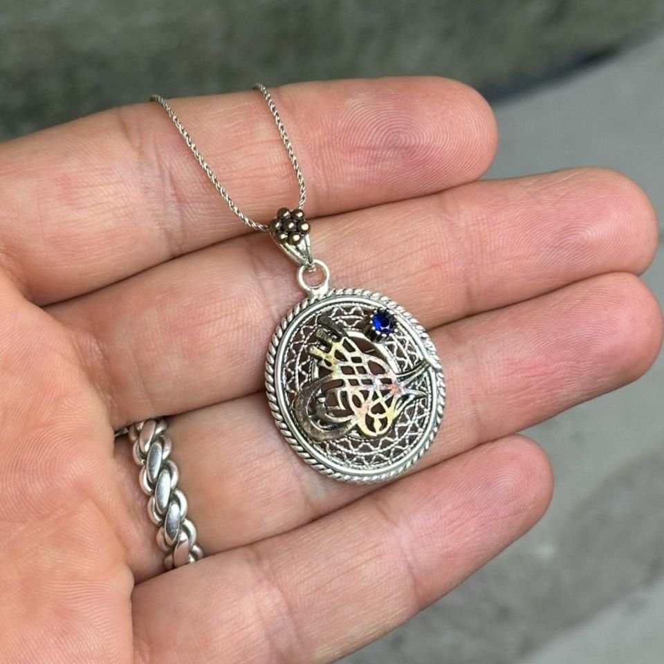 Safir Taşlı Osmanlı Tuğralı Oksitli Telkari Gümüş Kolye