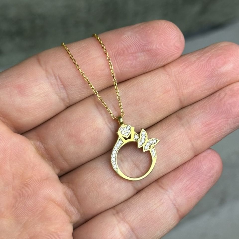Gold Tek Taş Yüzük Tasarım Gümüş Kolye