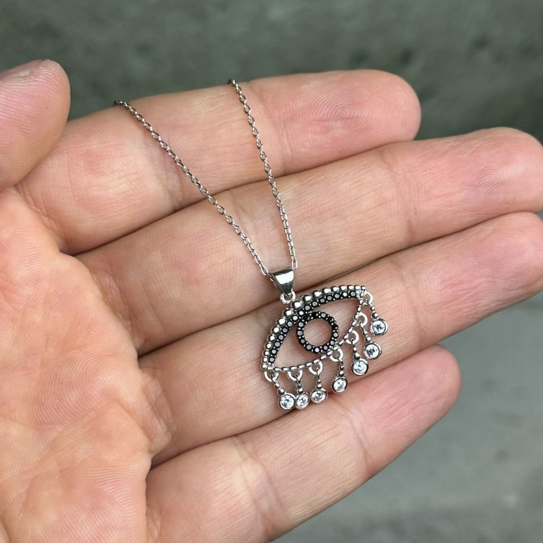Zirkon Taşlı Göz Model Gümüş Kolye