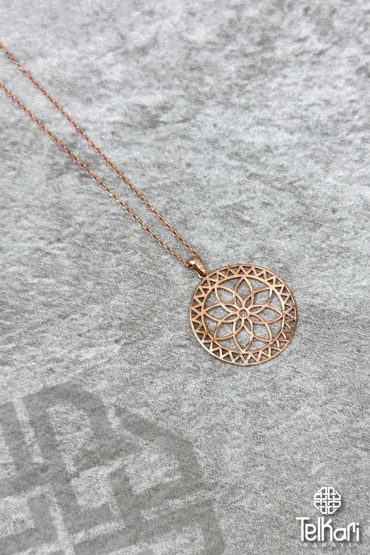 Lotus Çiçeği Motifli Yaşam Çiçeği Rose Gümüş Kolye