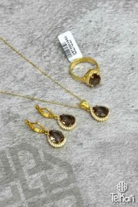 Taşlı Damla Model Renk Değiştiren Sultan Taşlı Gold Gümüş Üçlü Set