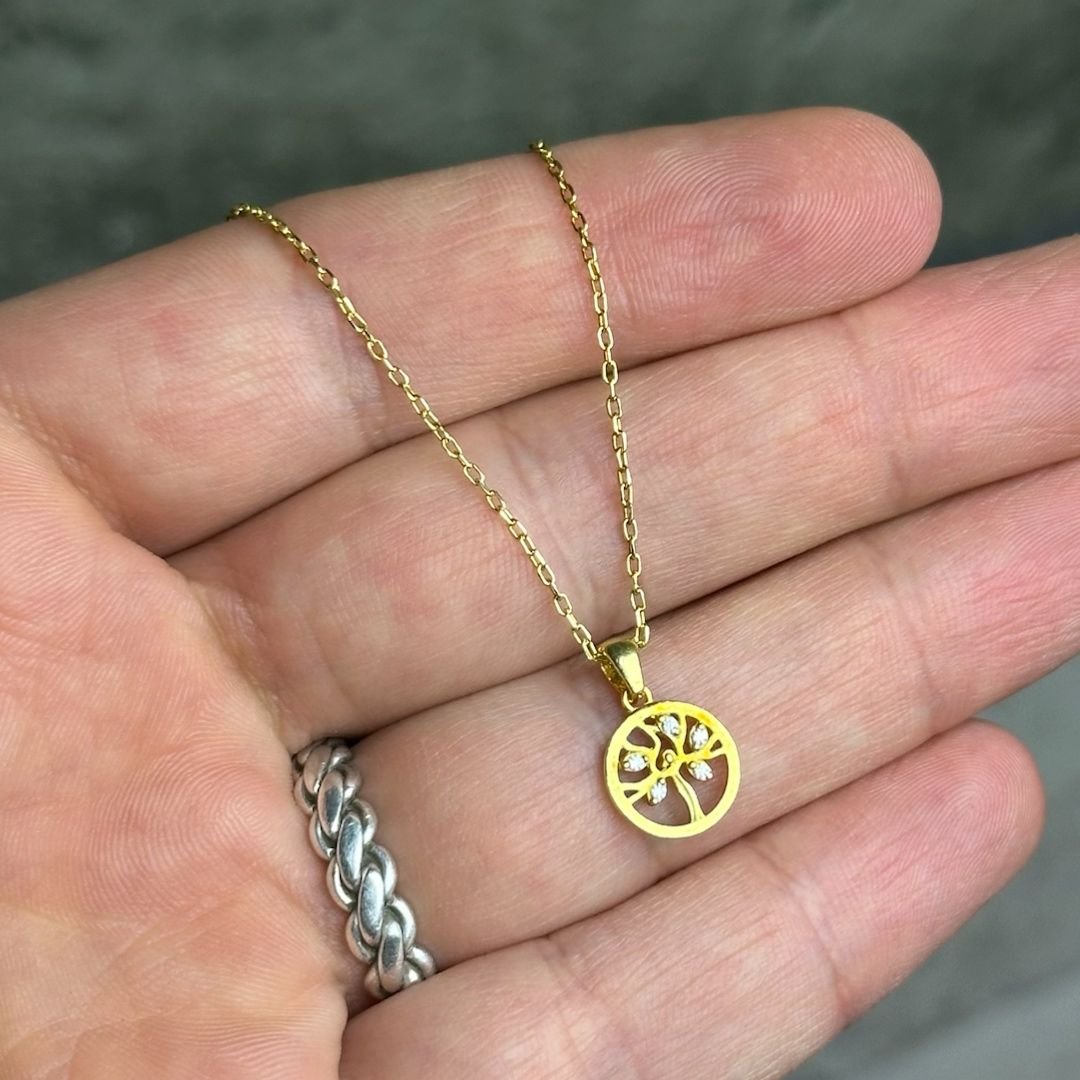 Küçük Boy Hayat Ağacı Model Gold Kaplama 925 Ayar Gümüş Kolye