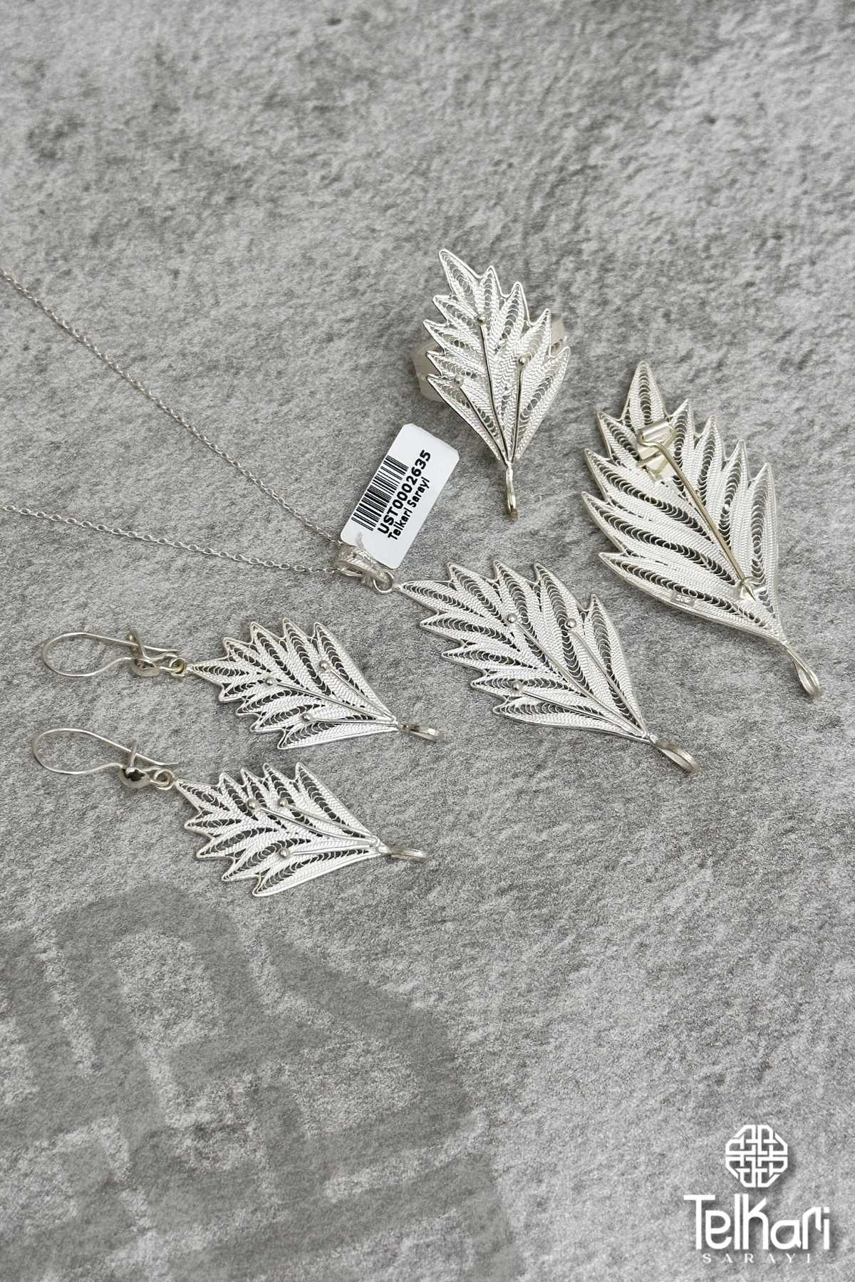 Yaprak Telkari Gümüş Üçlü Set