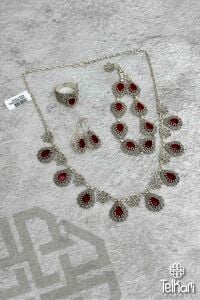 Damla Model Kök Yakut Taşlı Midyat Oksitli Telkari Gümüş Üçlü Set