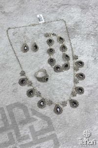 Damla Model Onix Taşlı Midyat Oksitli Telkari Gümüş Üçlü Set