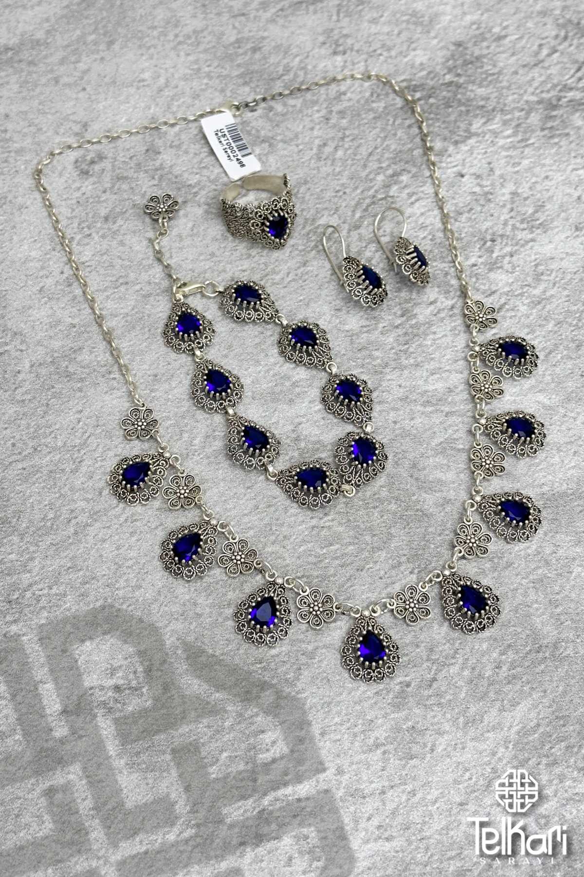 Damla Model Safir Taşlı Midyat Oksitli Telkari Gümüş Üçlü Set