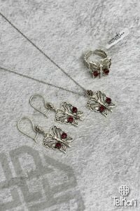Kelebek Model Kök Yakut Taşlı Midyat Oksitli Telkari Gümüş Üçlü Set