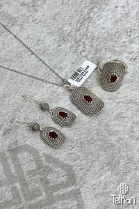 Kök Yakut Midyat Oksitli Telkari Gümüş Üçlü Set