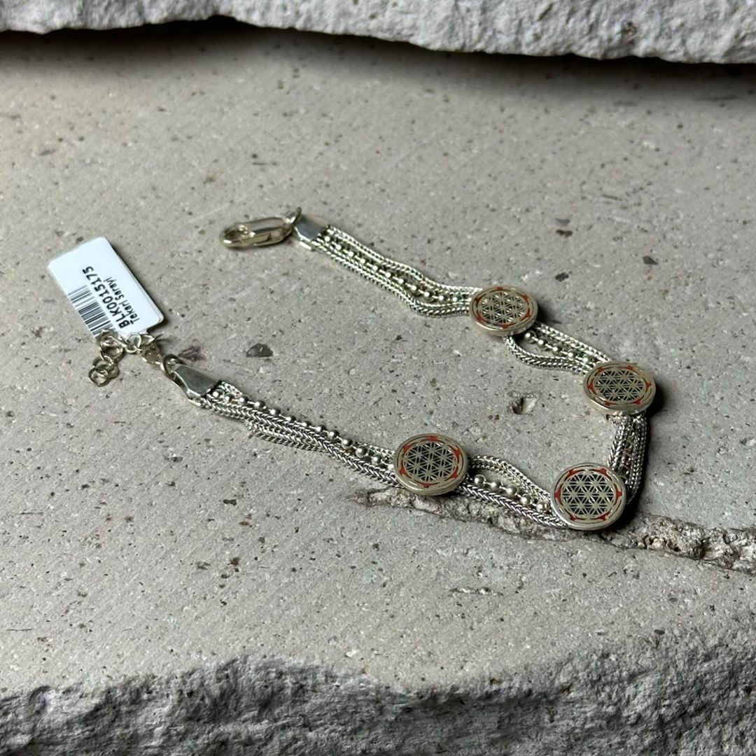 Sıralı Otantik Motif Mineli 925 Ayar Gümüş Midyat Hasırı Bileklik