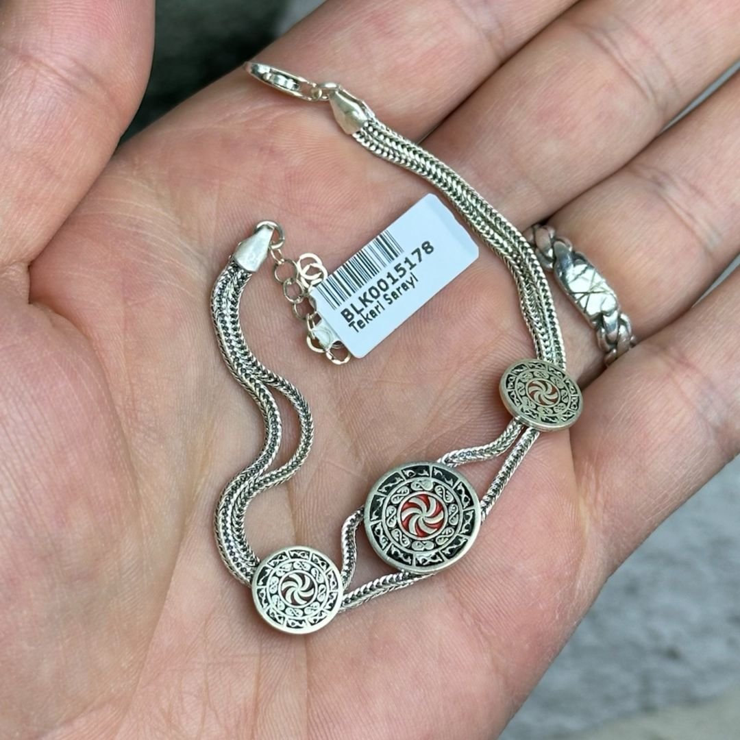 Rüzgar Güllü Kırmızı Mineli 925 Ayar Midyat Hasırı Gümüş Bileklik