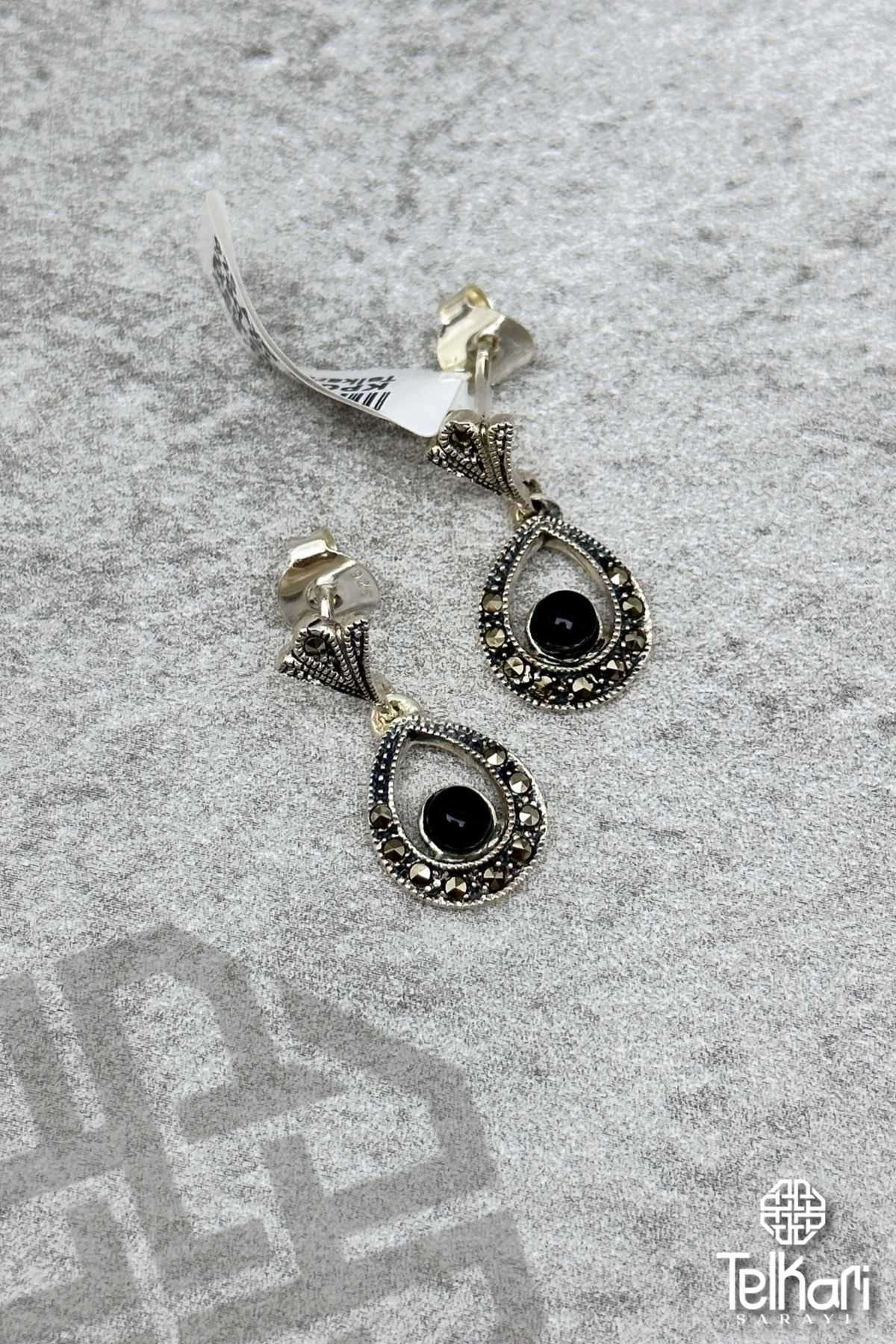Damla Model Onix Taşlı Gümüş Markazit Küpe