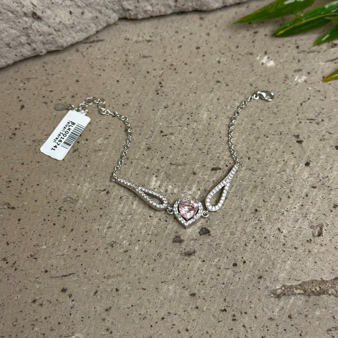 925 Ayar Pembe Zirkon Taşlı Kalp Model Gümüş Bileklik