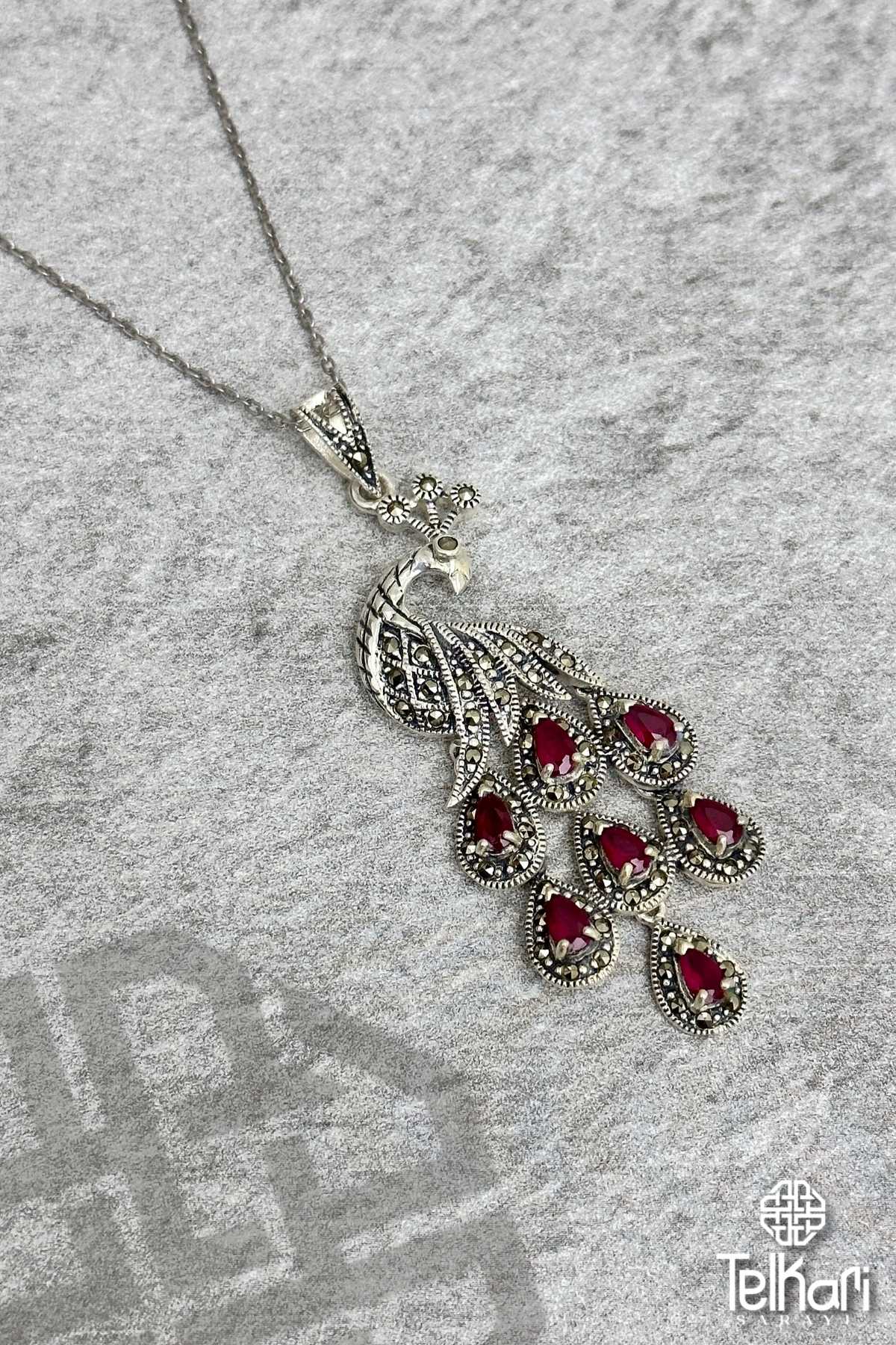 Tavuskuşu Model Taşlı Markazit Gümüş Kolye