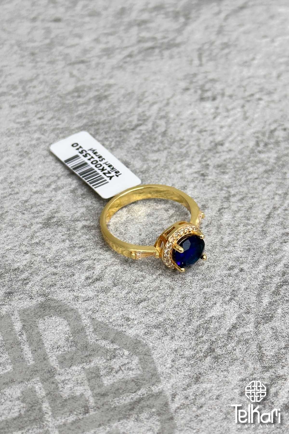 Yuvarlak Model Safir Taşlı Gold Gümüş Yüzük